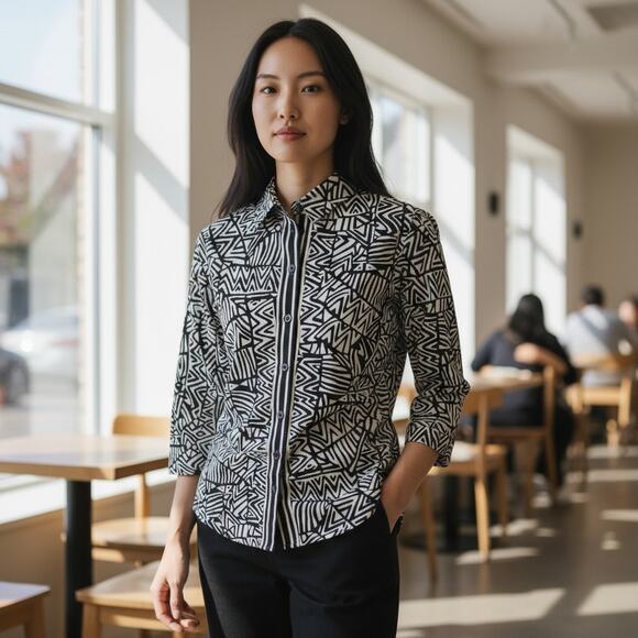 Vintage 1980-1990's Alison Daley Black and White Geometric Print Button Down 12 - Picture 1 of 5